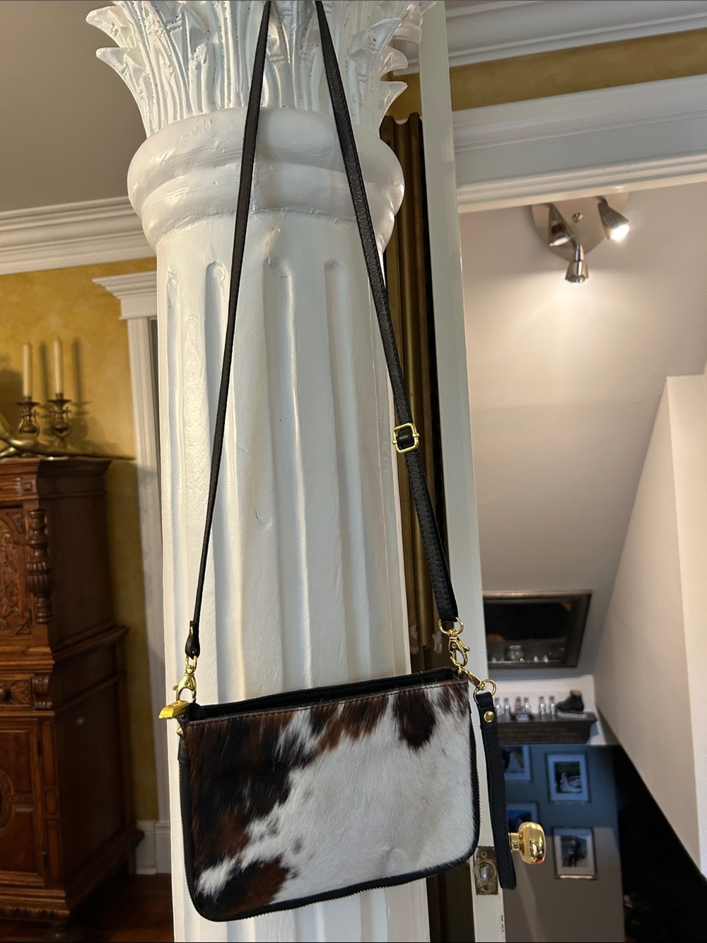 Leather and Haircalf Crossbody Bag in Brown & White